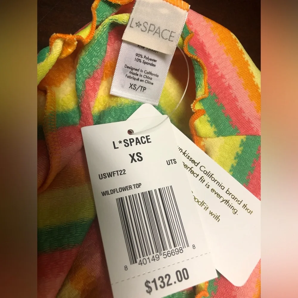 NWT L*Space Wildflower T-Shirt Style Bikini Top in Under The Sun Rainbow